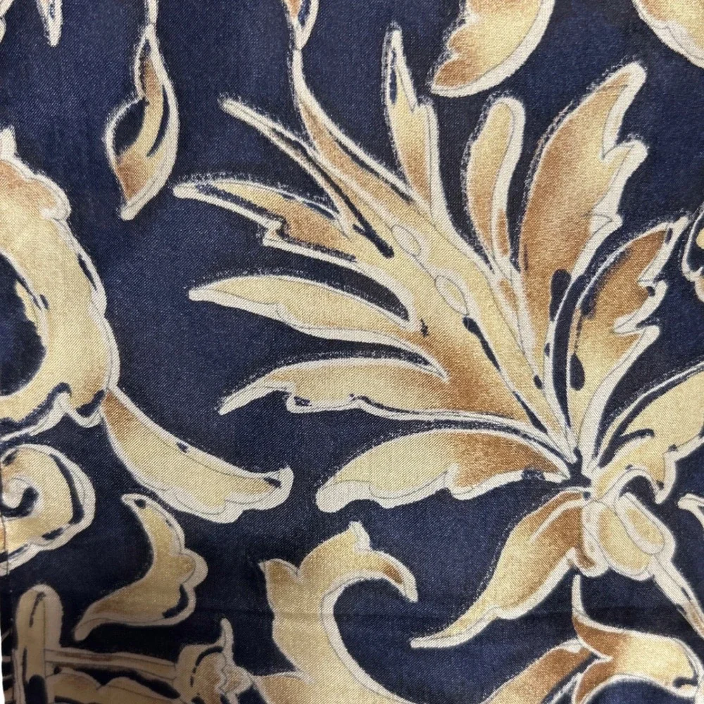 VTG 100% Silk Floral‎ Print Scarf Navy Beige Gold EUC